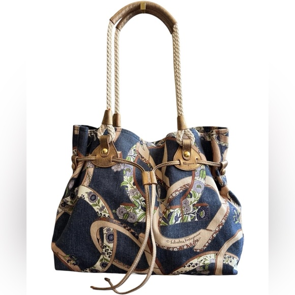 Salvatore Ferragamo Denim Navy and Beige Patterned Shoulder Bag - Picture 1 of 12